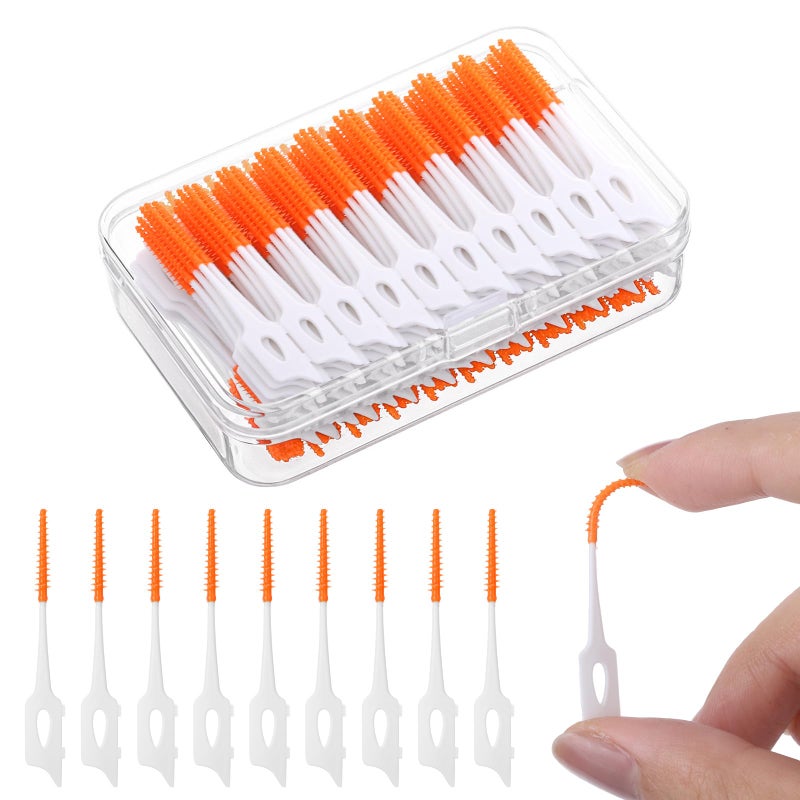 RAYITO 220 Pieces Interdental Brushes, Silicone Dental Brushes 2-in-1 Tooth Floss Picks Teeth Floss Sticks Dental Toothpicks Cleaning Tool for Braces Oral Cleaning(Orange)